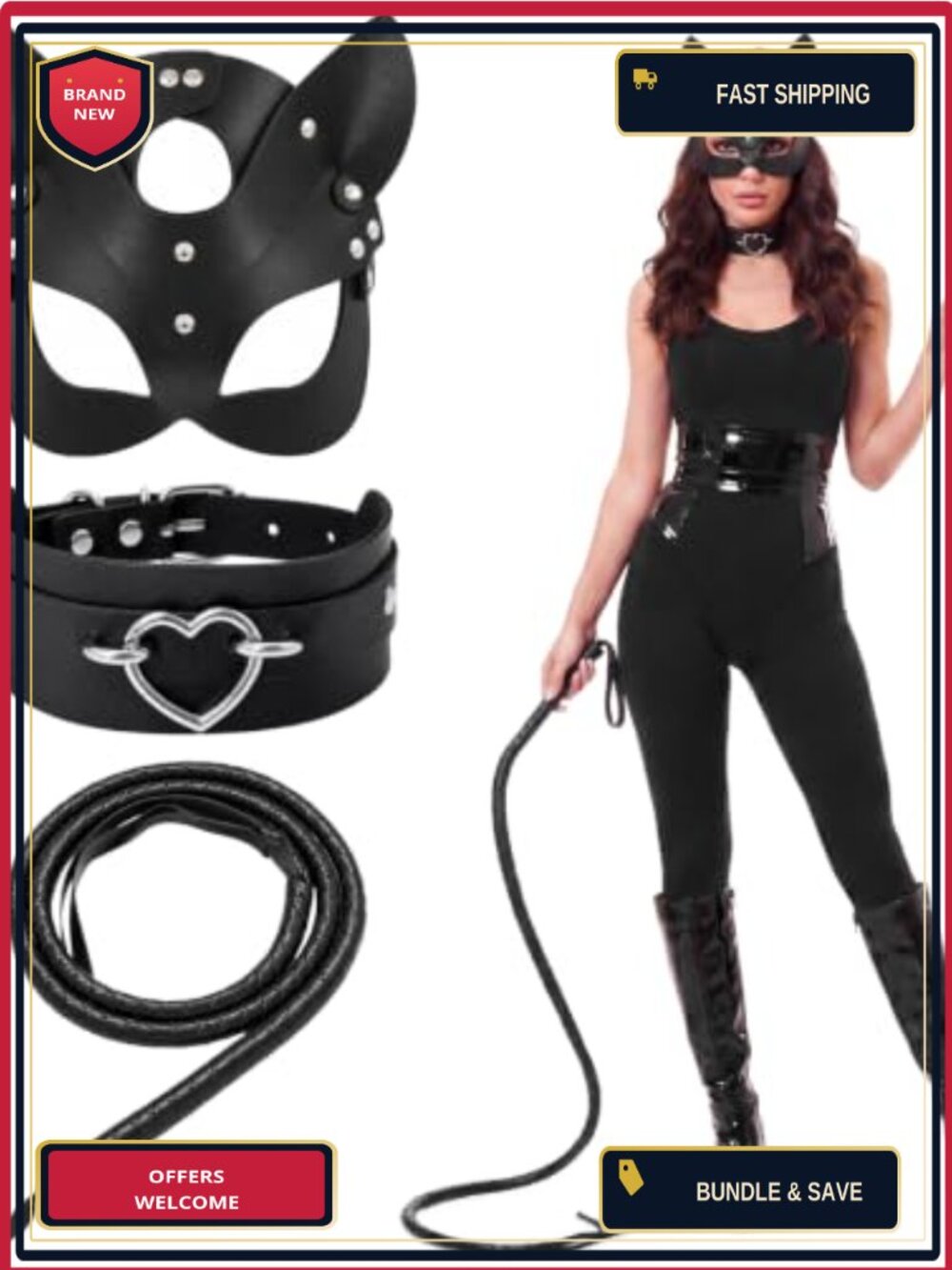 3 Pack Black Cat Costume Accessories Set for Women, Faux Leather Cosplay Whip